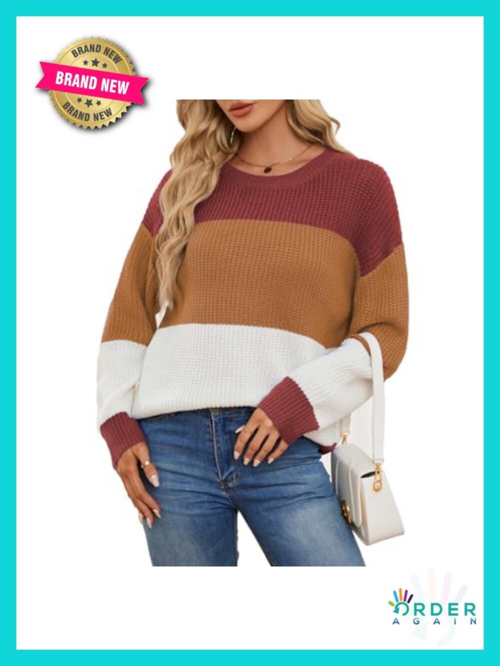 Striped Color Block Sweater Long Sleeve Crewneck Loose Soft Knit Pullover